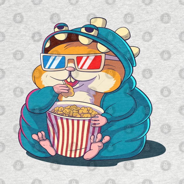 A funny hamster wearing glasses eats popcorn. by art object